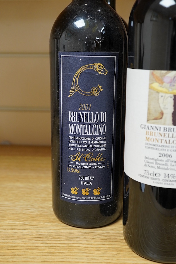Two bottles of Brunello Di Montalcino Salvioni 2001, two bottles of Brunello Di Montalcino M Colle 2001 and a bottle of Gianni Brunelli Brunello Di Montalcino 2006. Condition - storage unknown